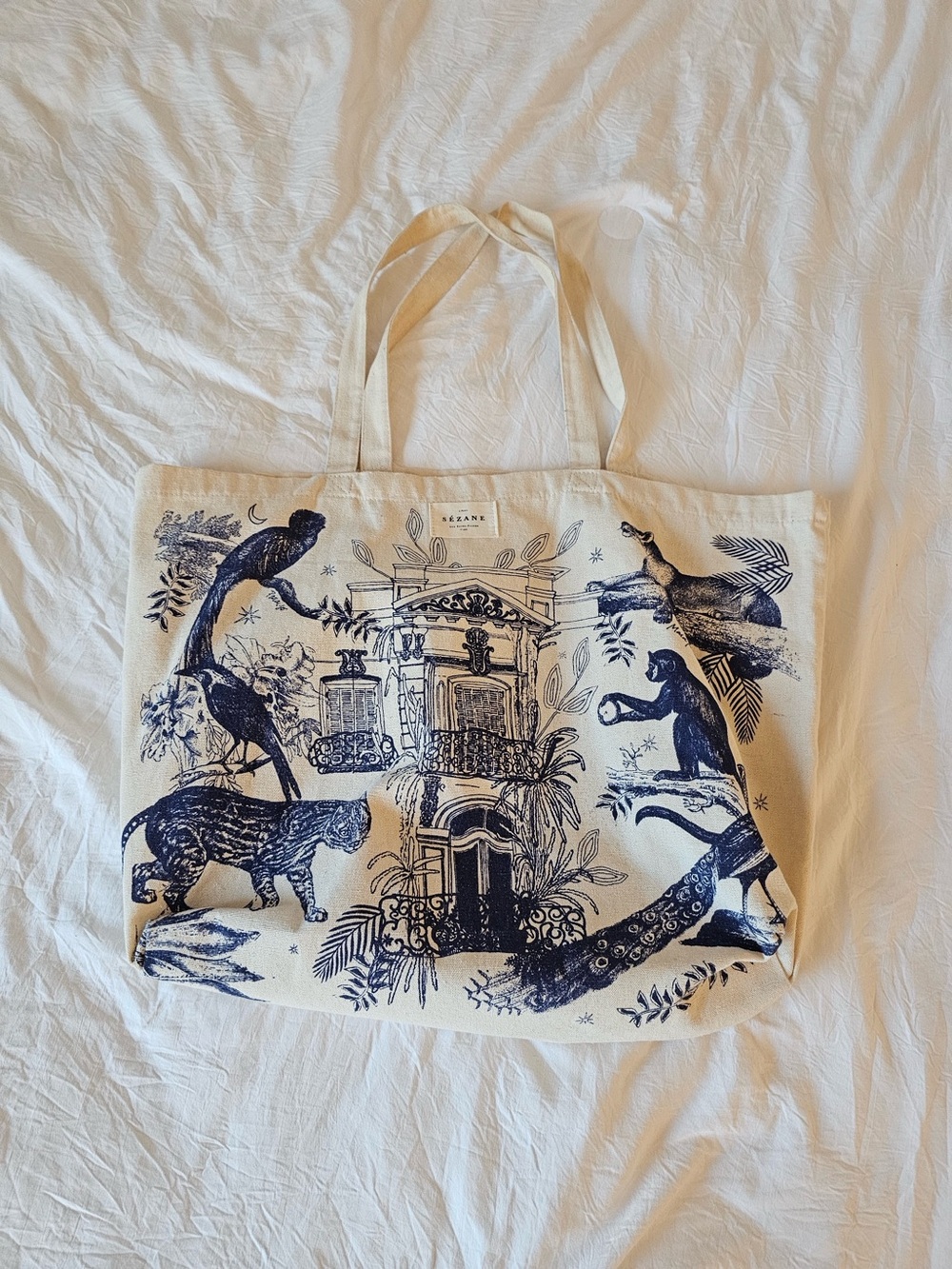 Sezane Cream Canvas Tote with Navy Wildlife and Architectural Print